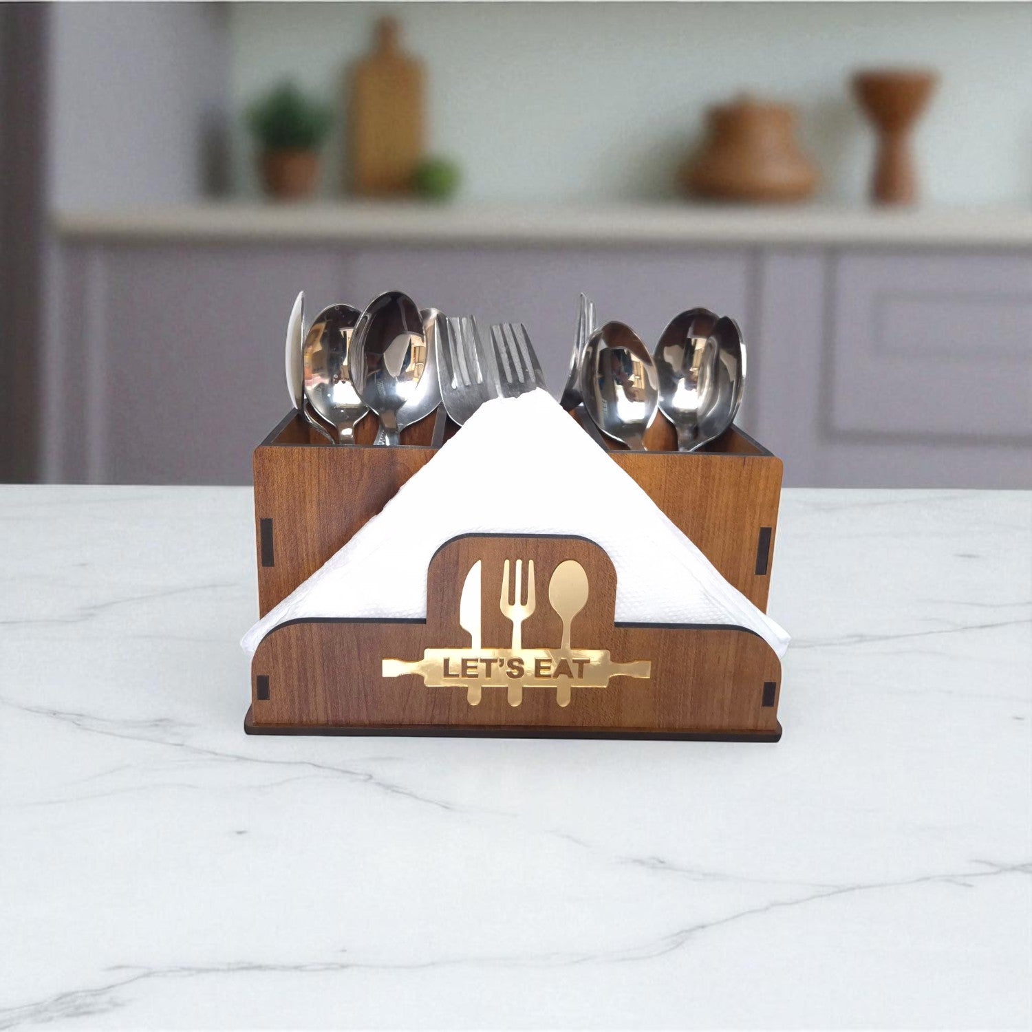 Wooden Cutlery Stand with Tissue Paper Holder for Kitchen & Dining Table | Spoon, Knife & Fork Holder|4 Compartments