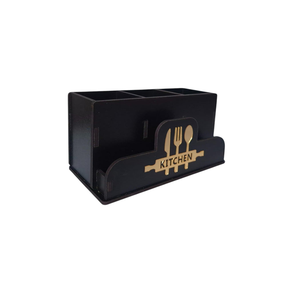 Wooden Cutlery Stand with Tissue Paper Holder for Kitchen & Dining Table | Spoon, Knife & Fork Holder|4 Compartments