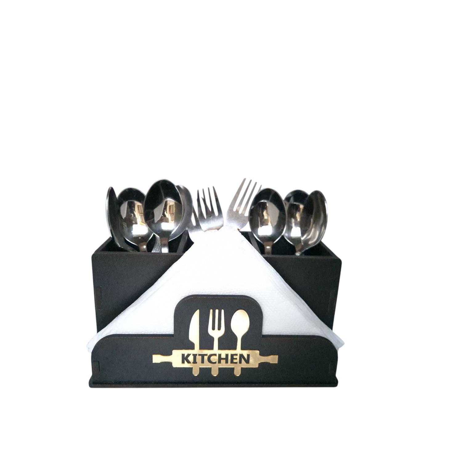 Wooden Cutlery Stand with Tissue Paper Holder for Kitchen & Dining Table | Spoon, Knife & Fork Holder|4 Compartments
