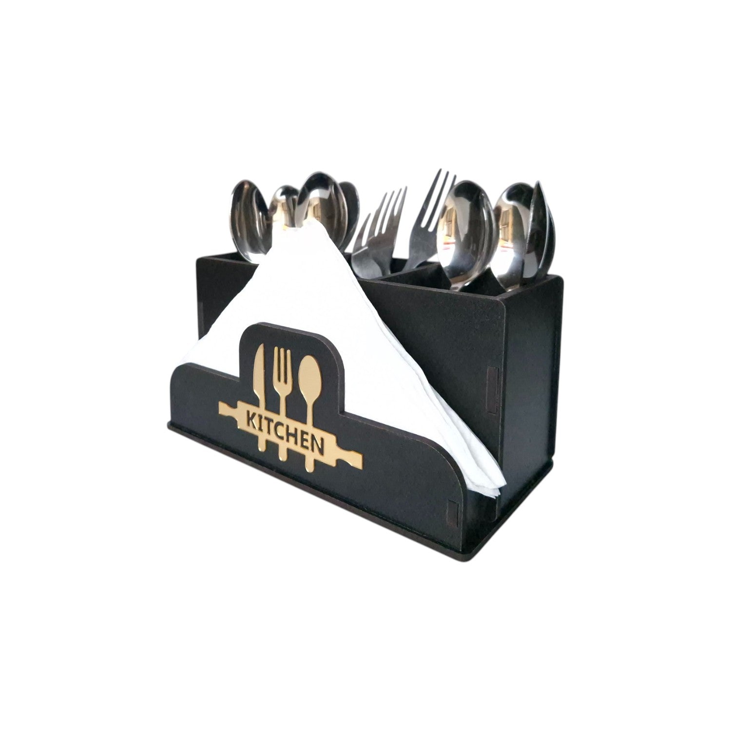Wooden Cutlery Stand with Tissue Paper Holder for Kitchen & Dining Table | Spoon, Knife & Fork Holder|4 Compartments