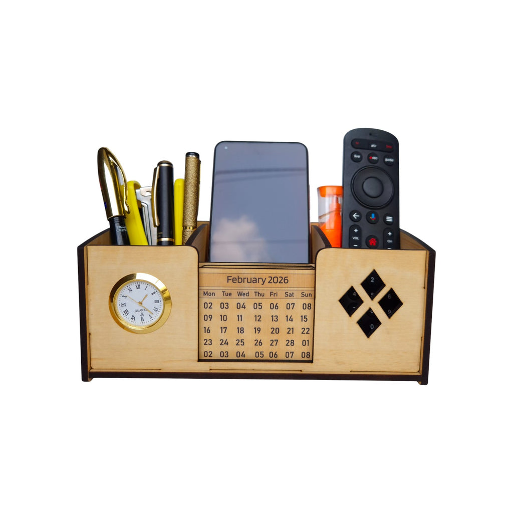 Desk Organizer With Mobile Holder, Remote & Visiting Card Holder | Multipurpose Wooden Pen And Pencil Holder Stand For Office Desk And Study Table