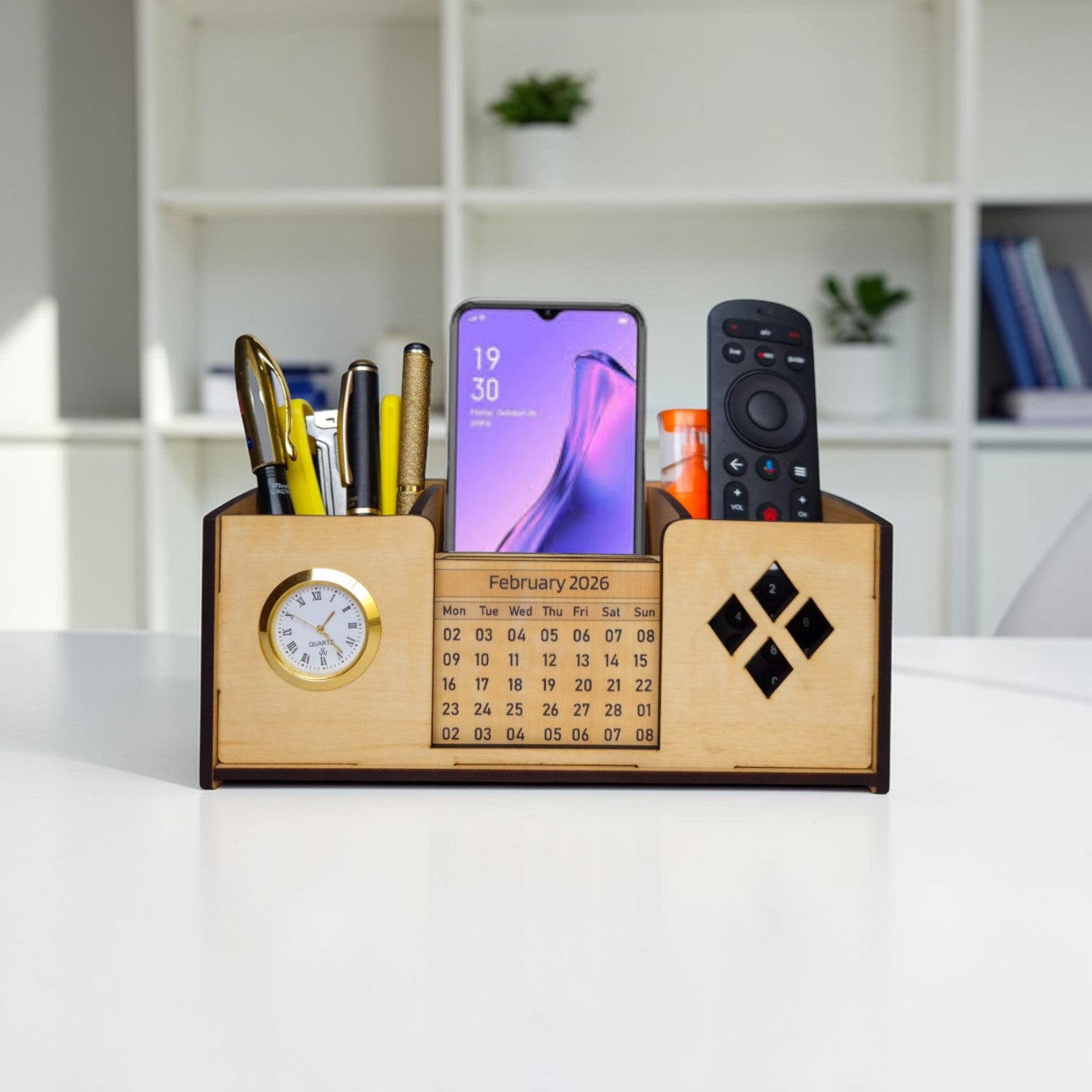 Desk Organizer With Mobile Holder, Remote & Visiting Card Holder | Multipurpose Wooden Pen And Pencil Holder Stand For Office Desk And Study Table