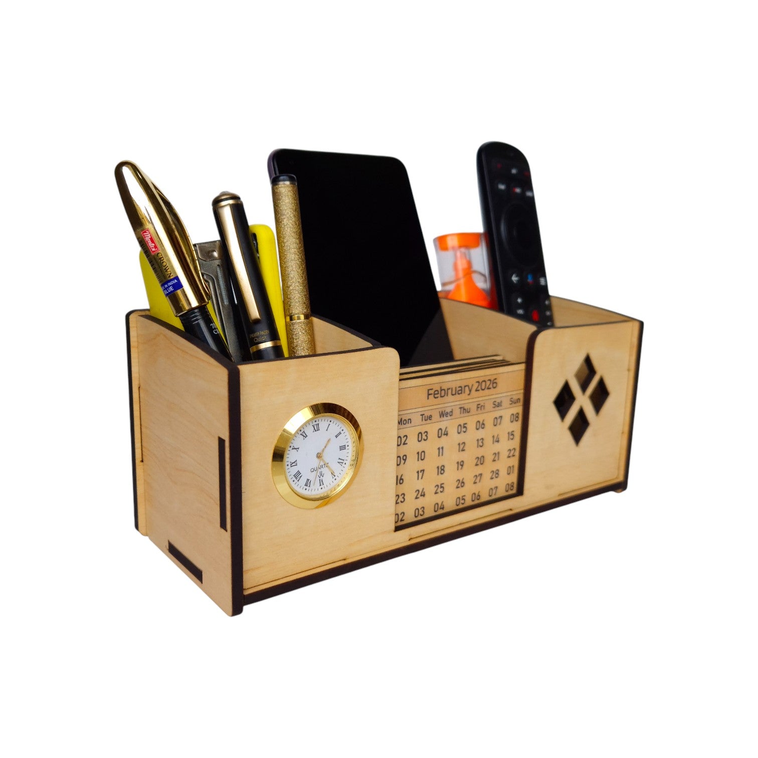 Desk Organizer With Mobile Holder, Remote & Visiting Card Holder | Multipurpose Wooden Pen And Pencil Holder Stand For Office Desk And Study Table
