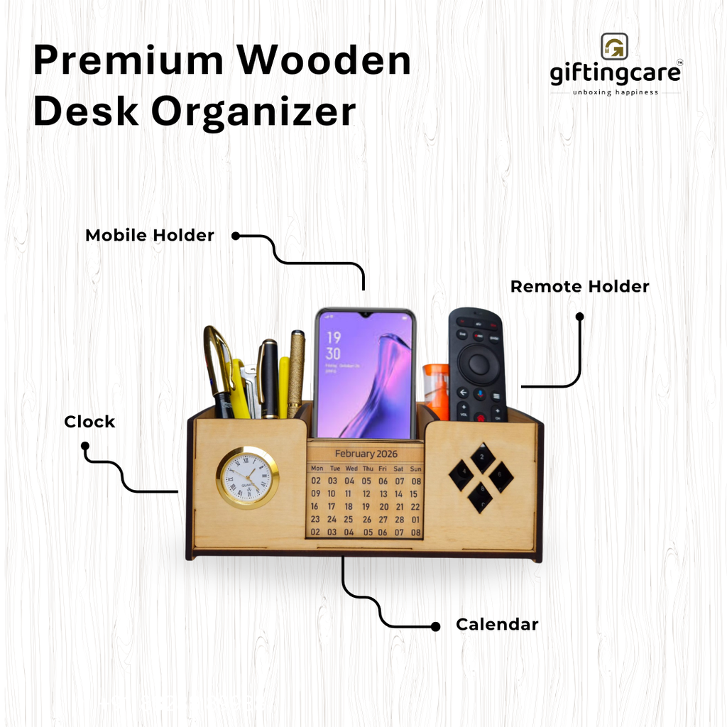 Desk Organizer With Mobile Holder, Remote & Visiting Card Holder | Multipurpose Wooden Pen And Pencil Holder Stand For Office Desk And Study Table