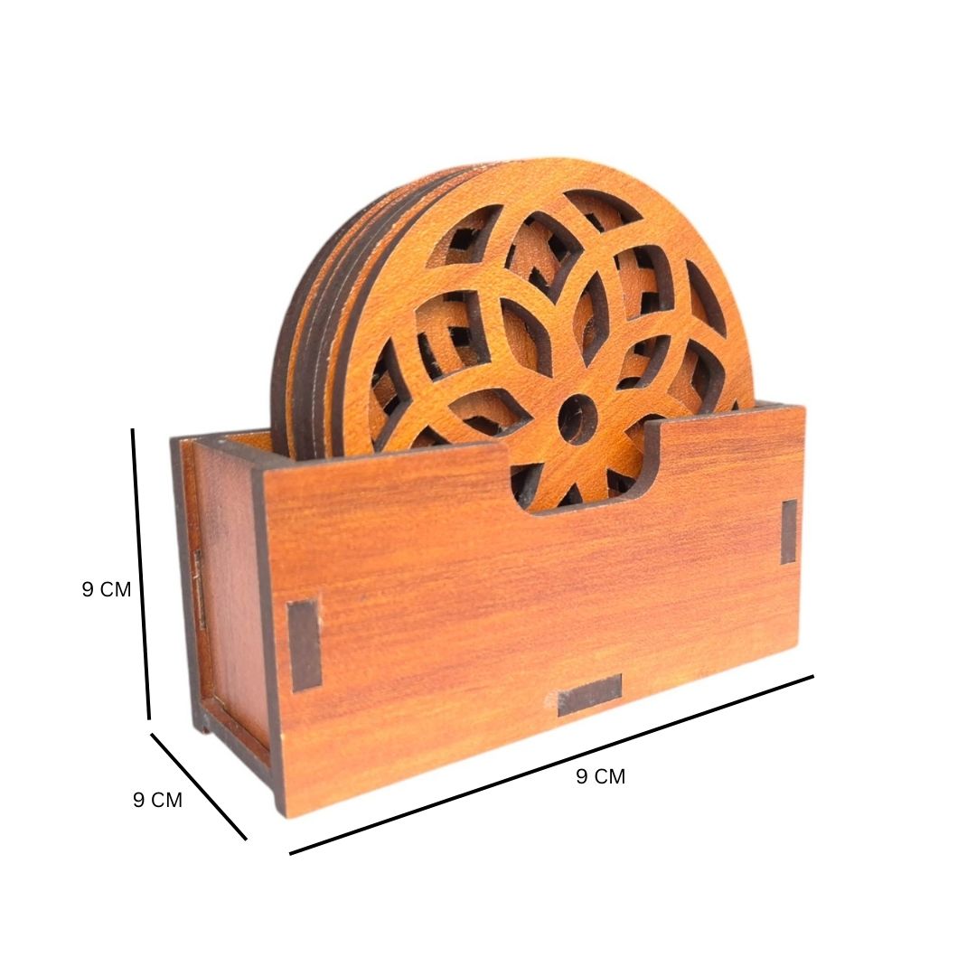 Wooden Coaster Set of 6 with Coaster holder for Tea cups, Coffee Mugs, Bottles, Glasses (Mandala design)