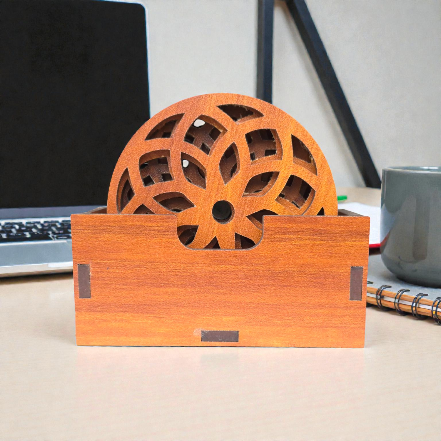Wooden Coaster Set of 6 with Coaster holder for Tea cups, Coffee Mugs, Bottles, Glasses (Mandala design)