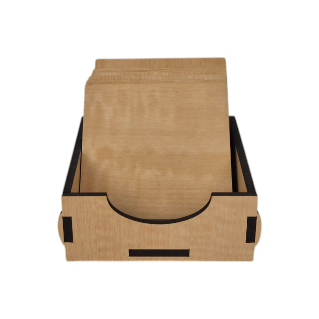 Wooden Coaster Set of 6 with Coaster Box for Tea cups, Coffee Mugs, Bottles, Glasses - Square Design (Maple Color)