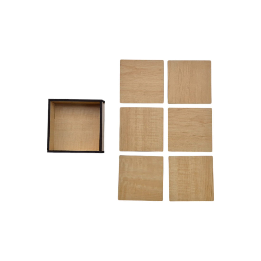 Wooden Coaster Set of 6 with Coaster Box for Tea cups, Coffee Mugs, Bottles, Glasses - Square Design (Maple Color)