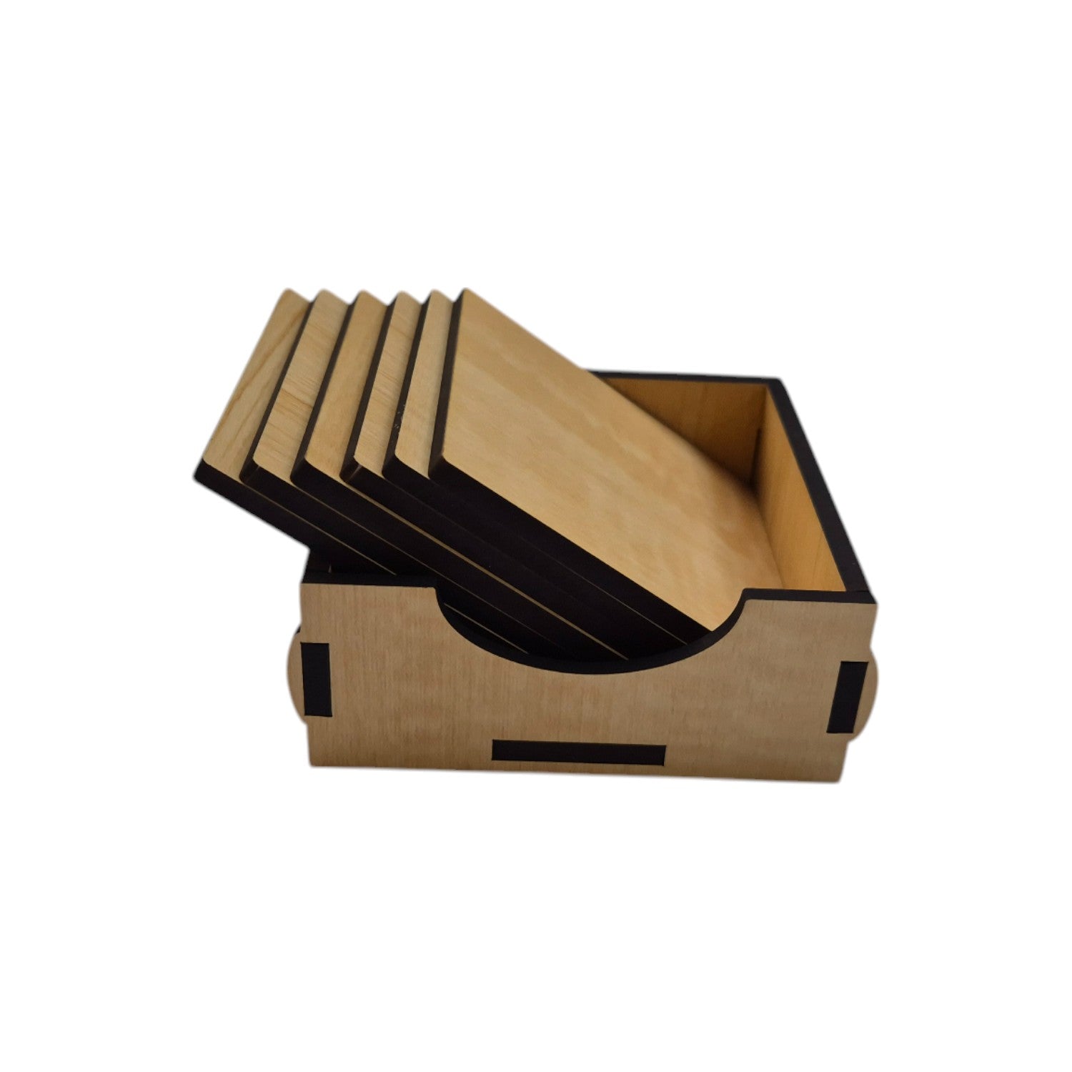 Wooden Coaster Set of 6 with Coaster Box for Tea cups, Coffee Mugs, Bottles, Glasses - Square Design (Maple Color)