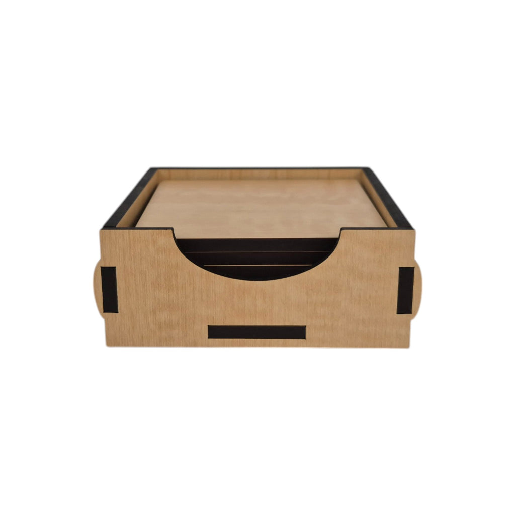 Wooden Coaster Set of 6 with Coaster Box for Tea cups, Coffee Mugs, Bottles, Glasses - Square Design (Maple Color)