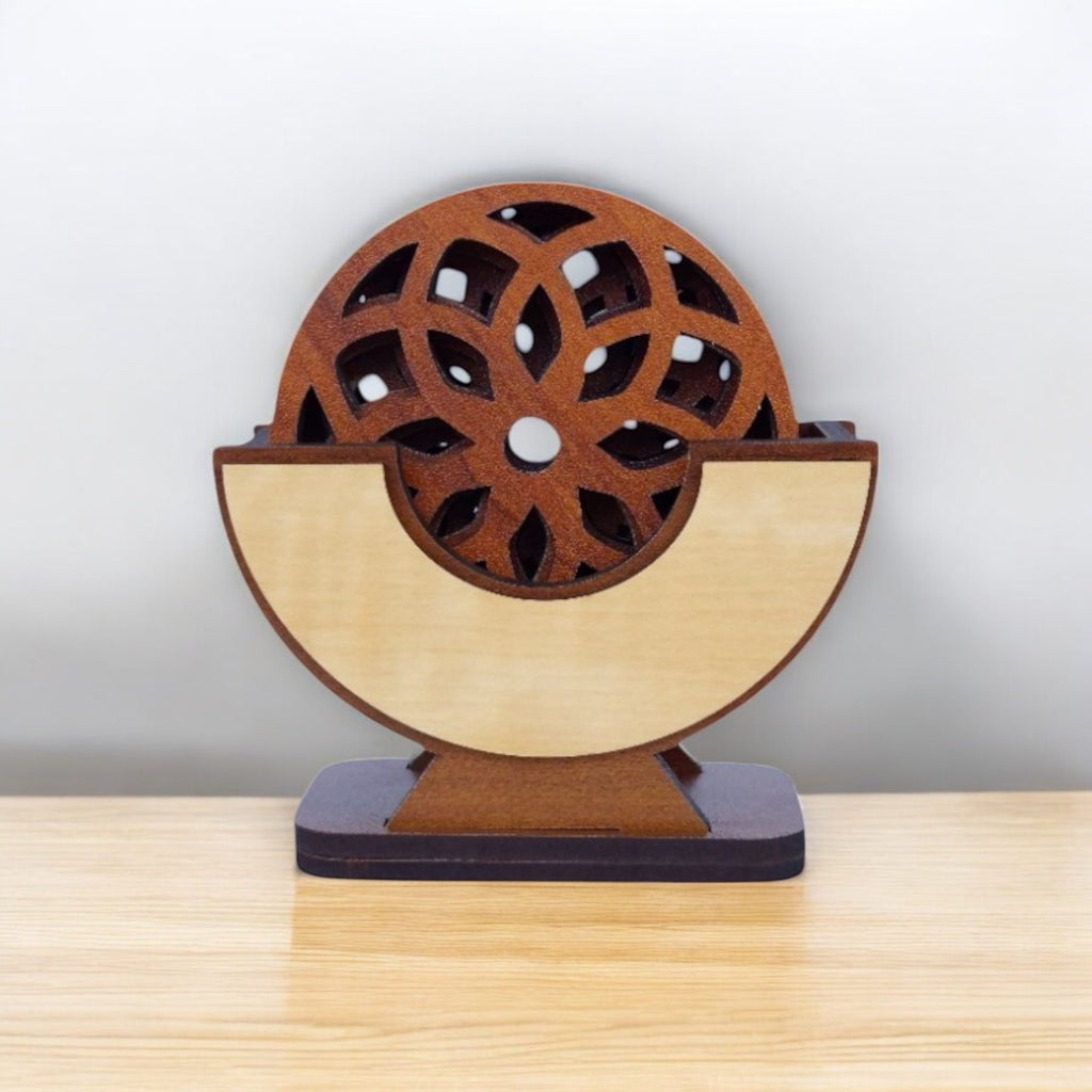 Wooden Coaster Set of 6 with Coaster Box for Tea cups, Coffee Mugs, Bottles, Glasses (Arc Design, Teak wood Color)