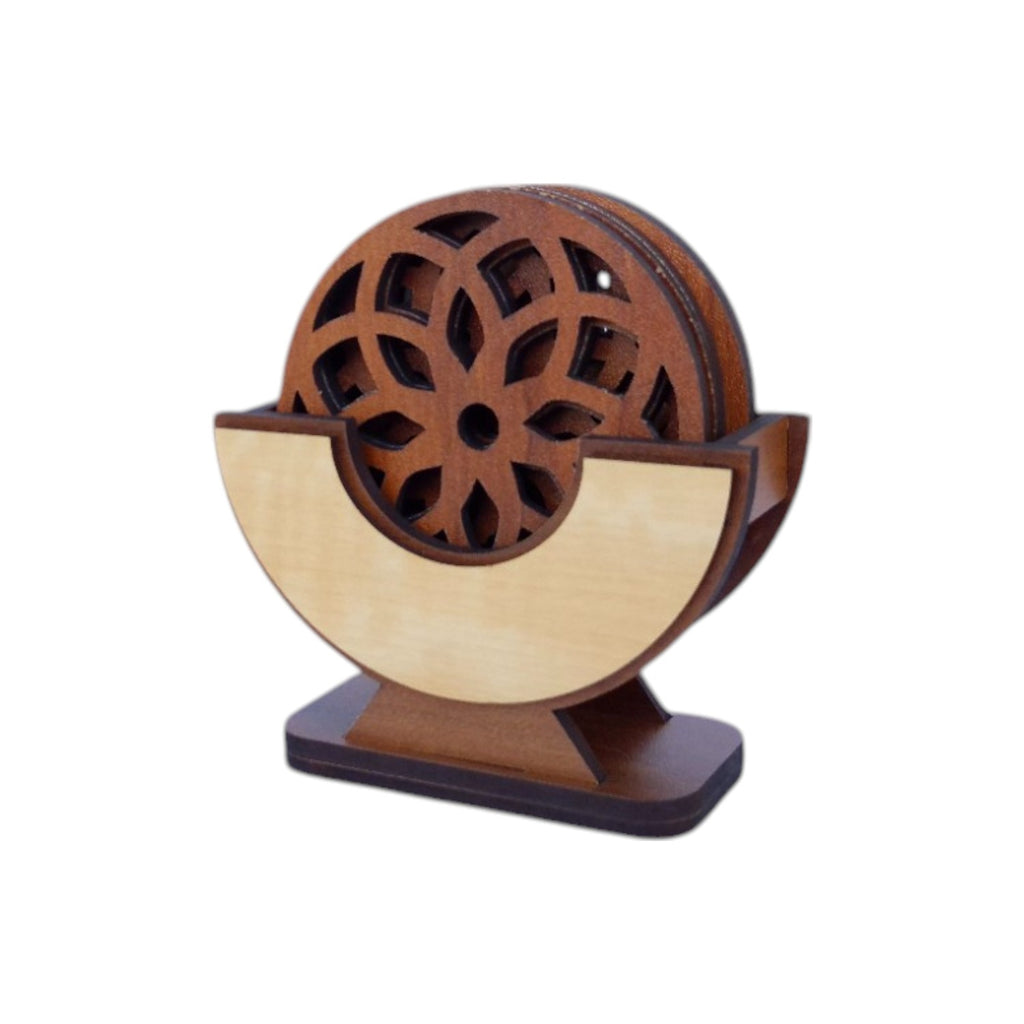 Wooden Coaster Set of 6 with Coaster Box for Tea cups, Coffee Mugs, Bottles, Glasses (Arc Design, Teak wood Color)