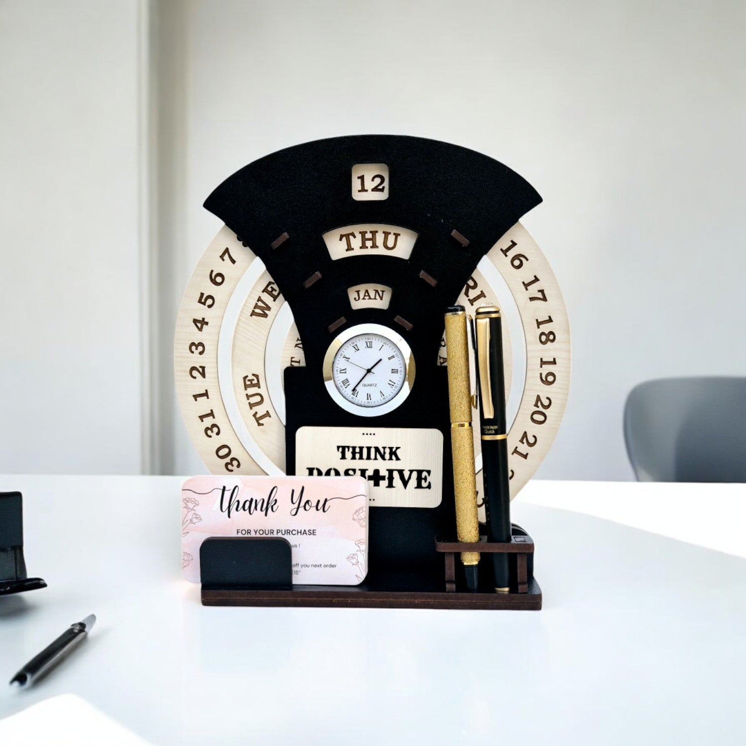 Circular Lifetime wooden Desk Calendar with Clock, Pen holder & Visiting Card | Home Decor Office Desktop Decoration| Corporate Gifts |Manual Rotation Perpetual Calendar