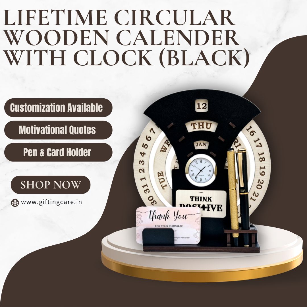 Circular Lifetime wooden Desk Calendar with Clock, Pen holder & Visiting Card | Home Decor Office Desktop Decoration| Corporate Gifts |Manual Rotation Perpetual Calendar