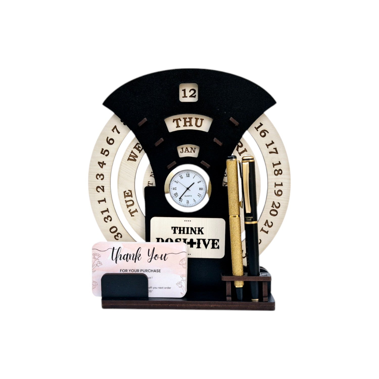 Circular Lifetime wooden Desk Calendar with Clock, Pen holder & Visiting Card | Home Decor Office Desktop Decoration| Corporate Gifts |Manual Rotation Perpetual Calendar