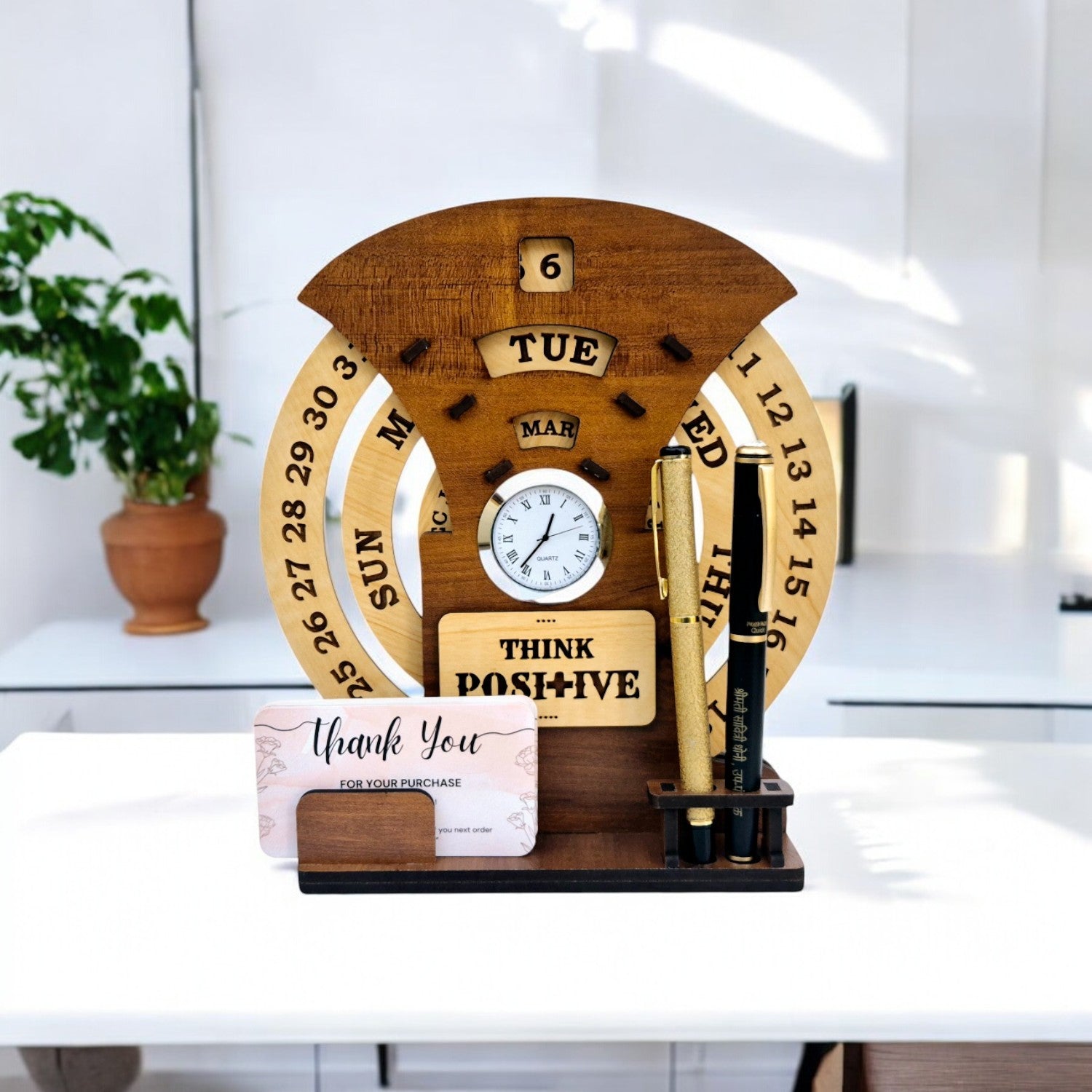 Circular Lifetime wooden Desk Calendar with Clock, Pen holder & Visiting Card | Home Decor Office Desktop Decoration| Corporate Gifts |Manual Rotation Perpetual Calendar