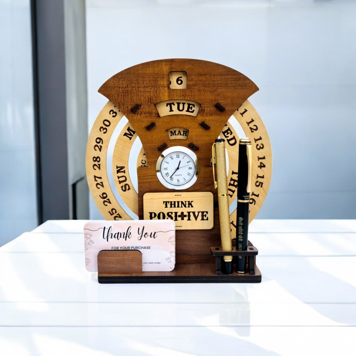 Circular Lifetime wooden Desk Calendar with Clock, Pen holder & Visiting Card | Home Decor Office Desktop Decoration| Corporate Gifts |Manual Rotation Perpetual Calendar