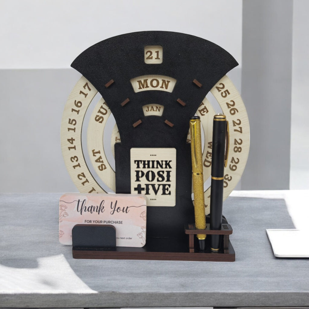 Circular lifetime wooden Desk Calendar with Pen holder & Visiting Card for Office and home | |Corporate gifts