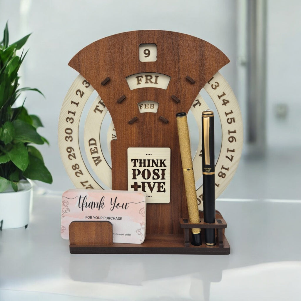 Circular lifetime wooden Desk Calendar with Pen holder & Visiting Card for Office and home | |Corporate gifts