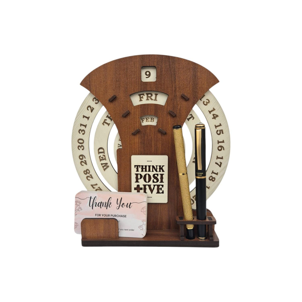 Circular lifetime wooden Desk Calendar with Pen holder & Visiting Card for Office and home | |Corporate gifts