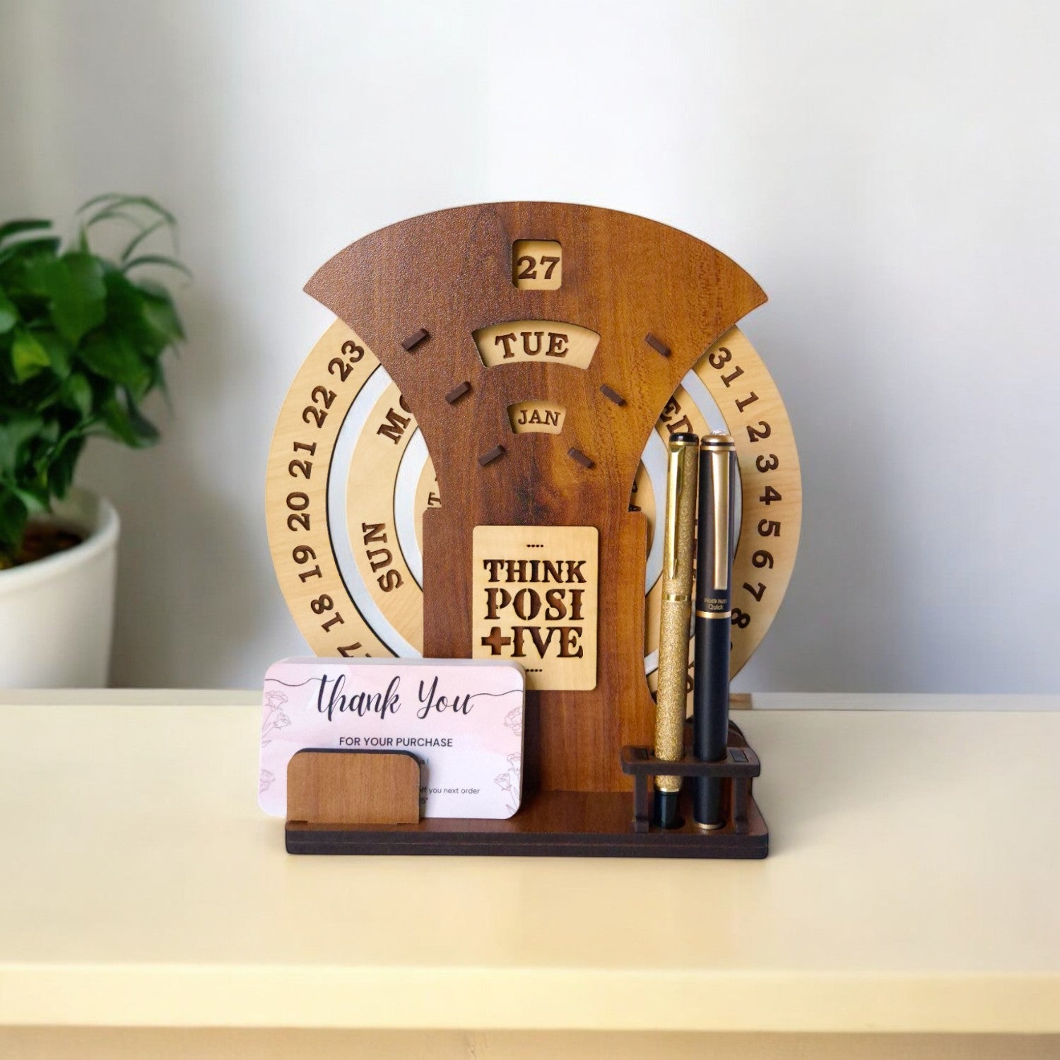 Circular lifetime wooden Desk Calendar with Pen holder & Visiting Card for Office and home | |Corporate gifts