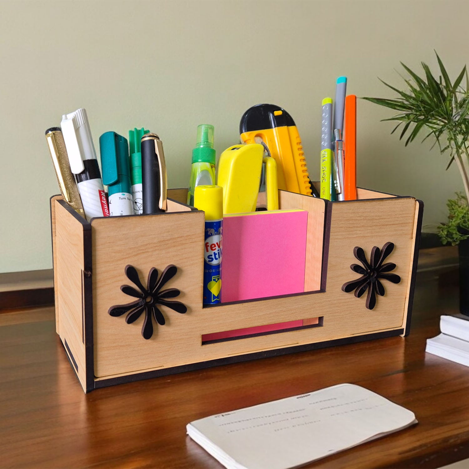Desk Organizer With Mobile Holder, Remote & Visiting Card Holder | Multipurpose Wooden Pen And Pencil Holder Stand For Office Desk And Study Table.