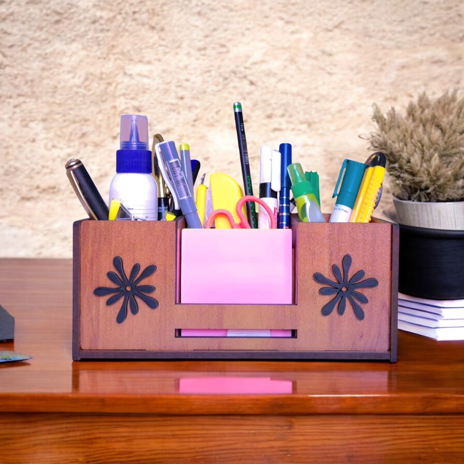 Desk Organizer With Mobile Holder, Remote & Visiting Card Holder | Multipurpose Wooden Pen And Pencil Holder Stand For Office Desk And Study Table.