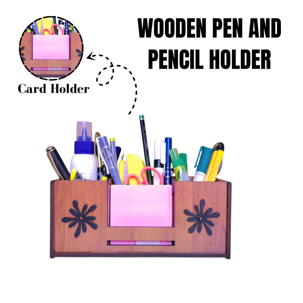 Desk Organizer With Mobile Holder, Remote & Visiting Card Holder | Multipurpose Wooden Pen And Pencil Holder Stand For Office Desk And Study Table.