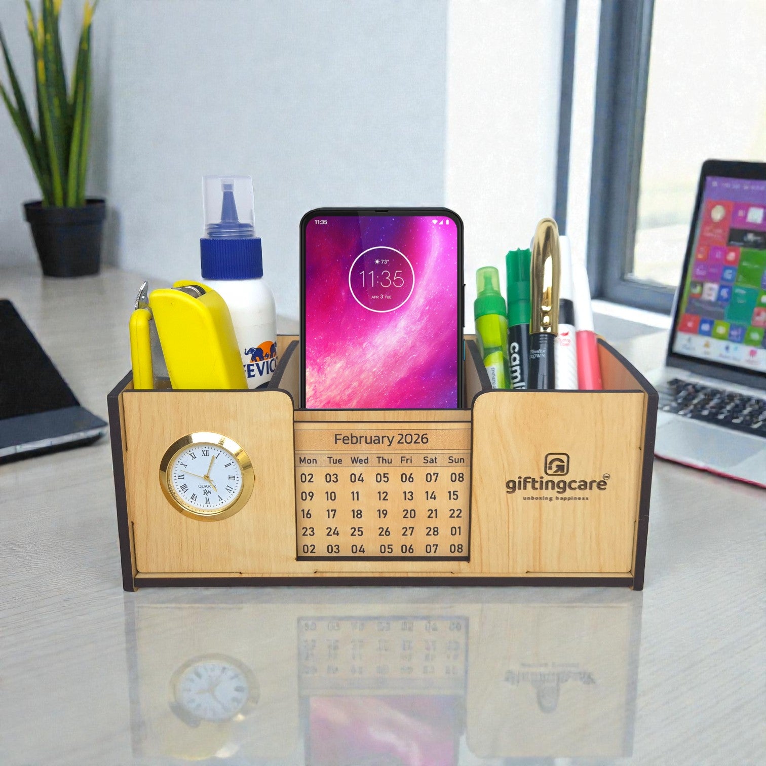 Desk Organizer With Mobile Holder, Remote & Visiting Card Holder | Multipurpose Wooden Pen And Pencil Holder Stand For Office Desk And Study Table