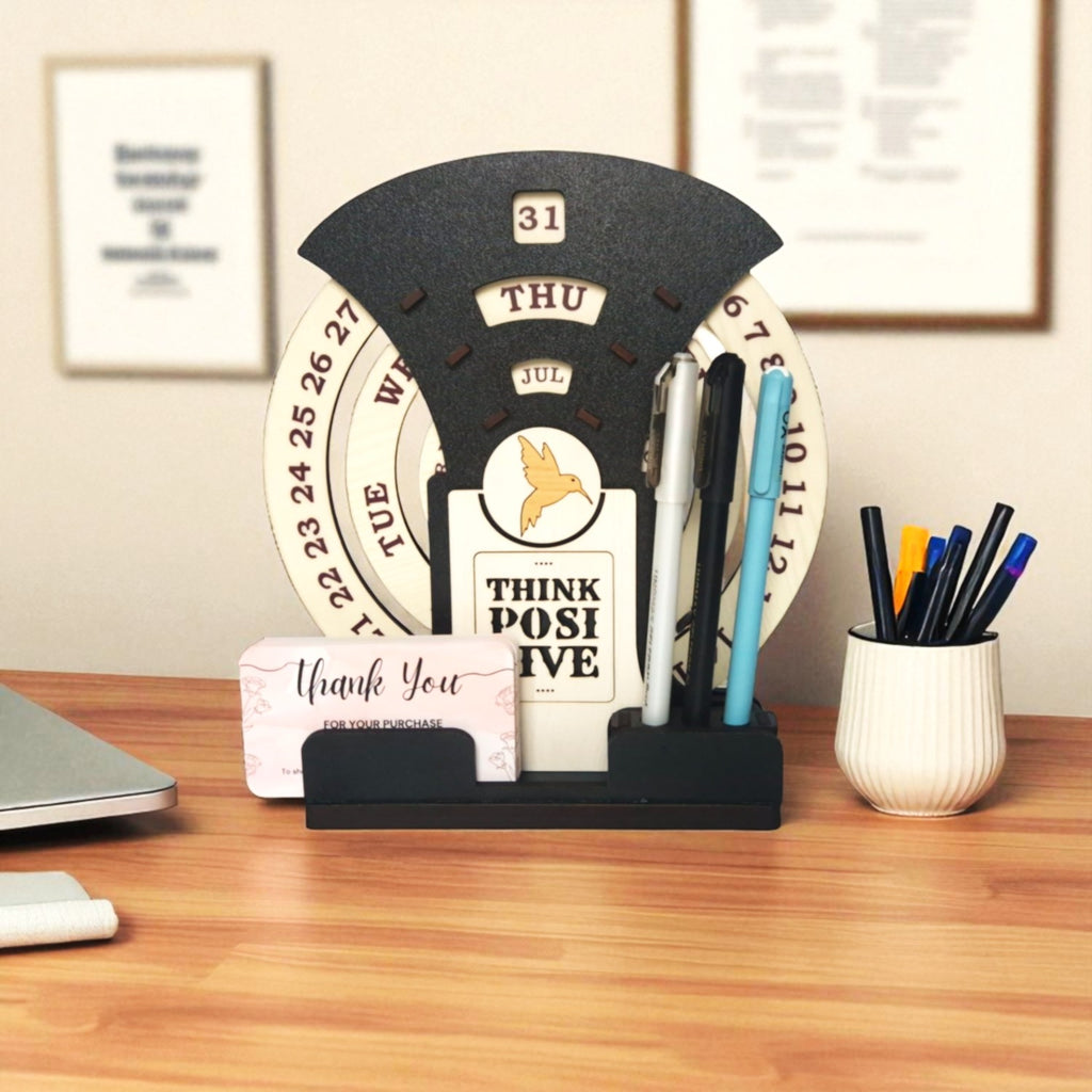 Circular lifetime wooden Desk Calendar with Pen holders & Visiting Card for Office and home decoration | Desk Organizer for gifitng.