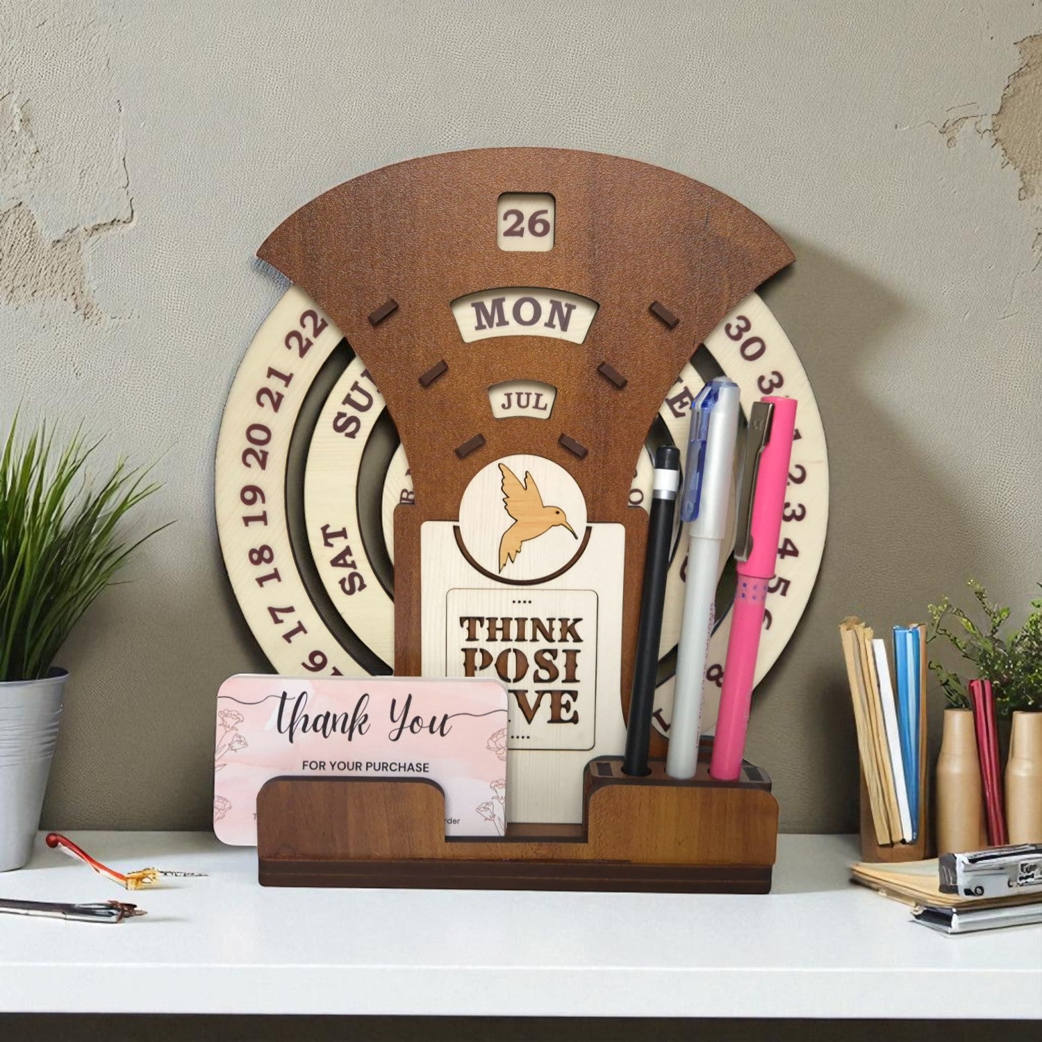 Circular lifetime wooden Desk Calendar with Pen holders & Visiting Card for Office and home decoration | Desk Organizer for gifitng.