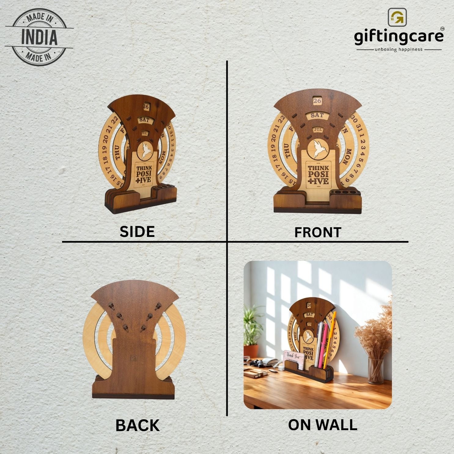 Circular lifetime wooden Desk Calendar with Pen holders & Visiting Card for Office and home decoration | Desk Organizer for gifitng.