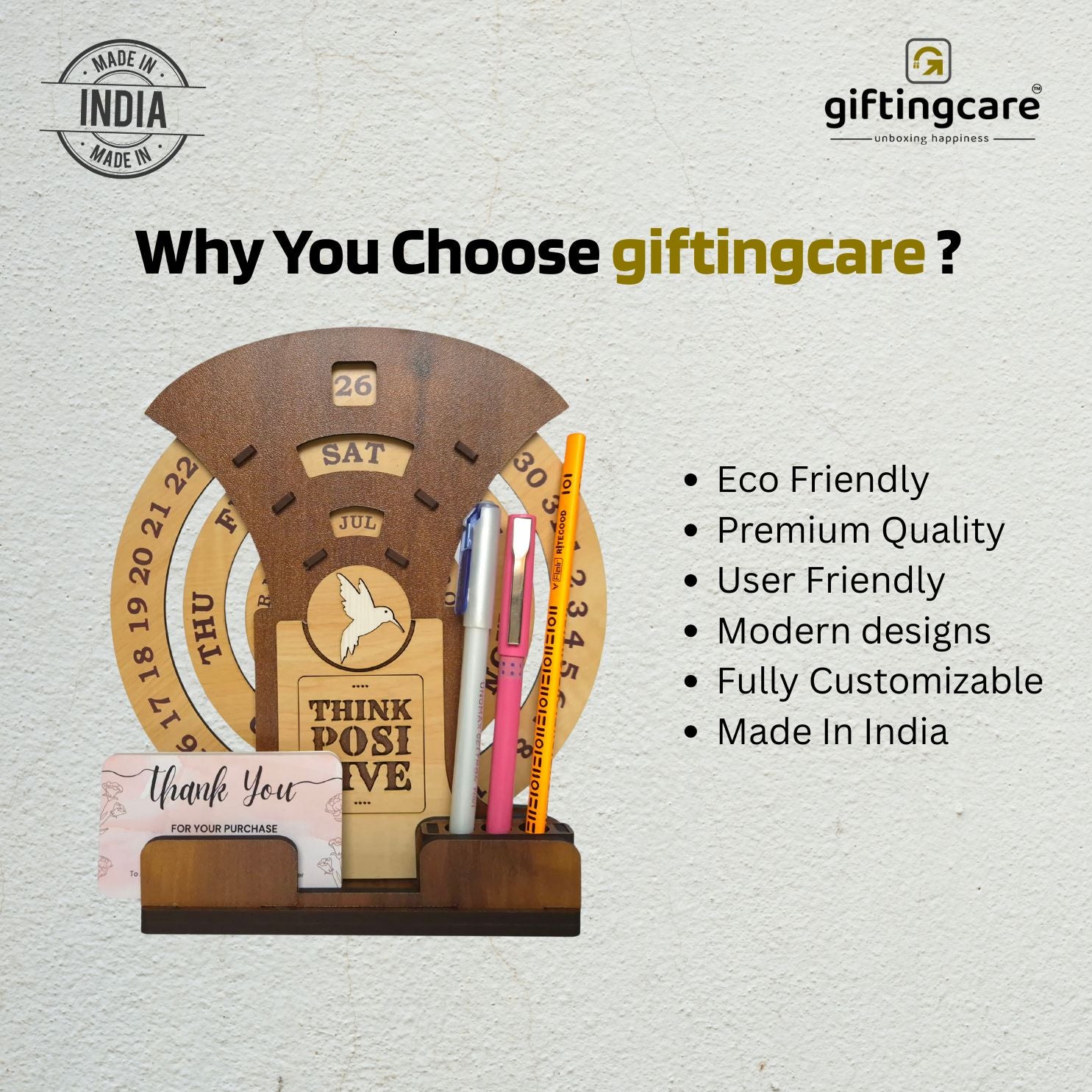 Circular lifetime wooden Desk Calendar with Pen holders & Visiting Card for Office and home decoration | Desk Organizer for gifitng.