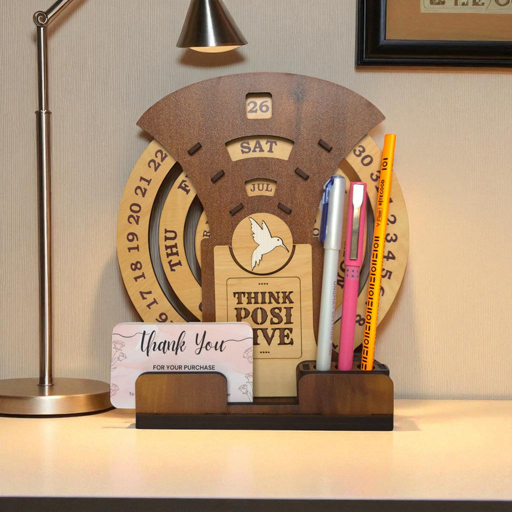 Circular lifetime wooden Desk Calendar with Pen holders & Visiting Card for Office and home decoration | Desk Organizer for gifitng.