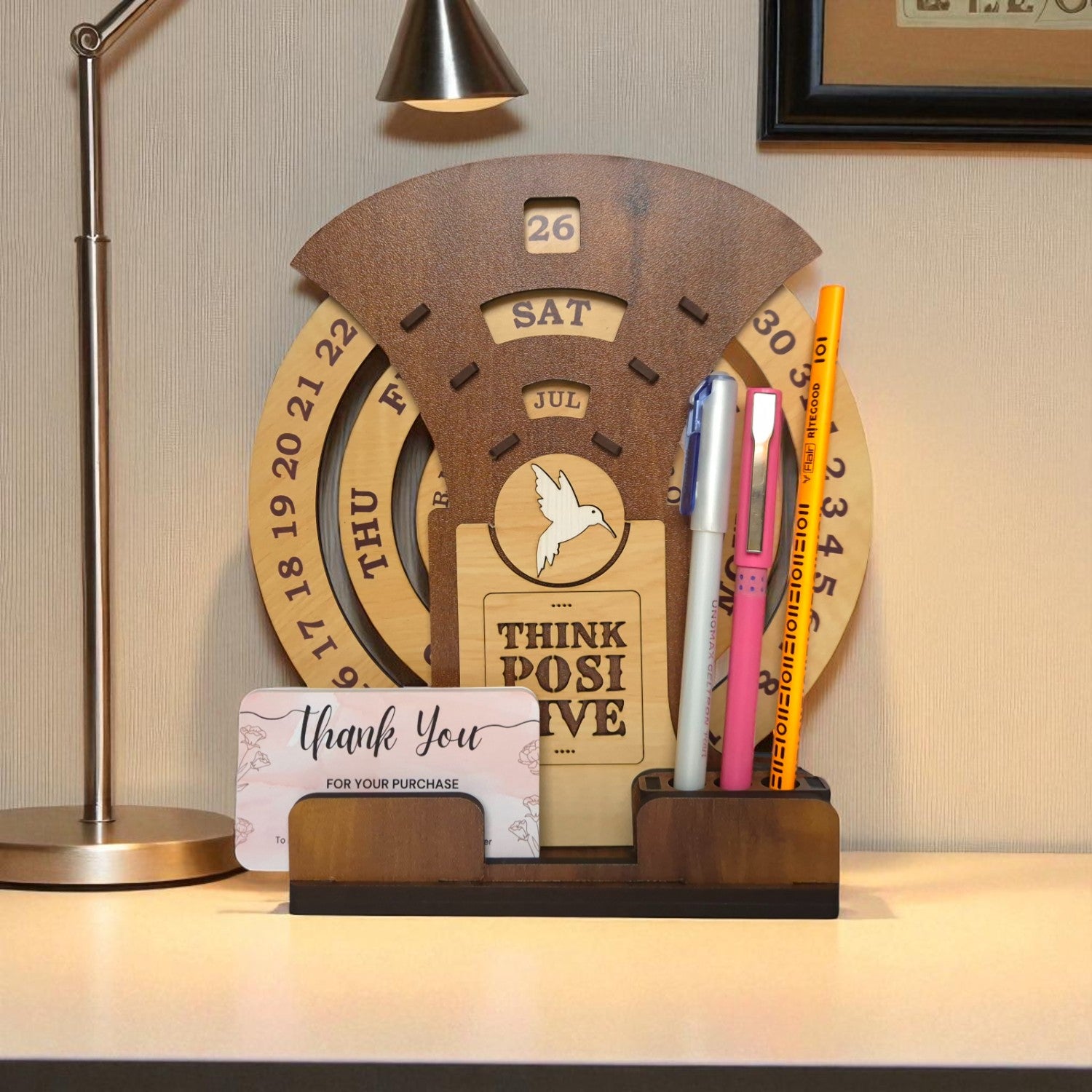 Circular lifetime wooden Desk Calendar with Pen holders & Visiting Card for Office and home decoration | Desk Organizer for gifitng.