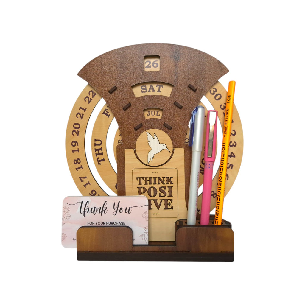 Circular lifetime wooden Desk Calendar with Pen holders & Visiting Card for Office and home decoration | Desk Organizer for gifitng.