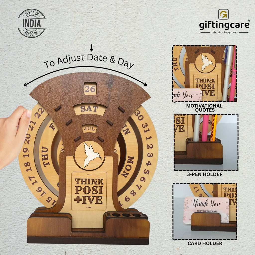 Circular lifetime wooden Desk Calendar with Pen holders & Visiting Card for Office and home decoration | Desk Organizer for gifitng.