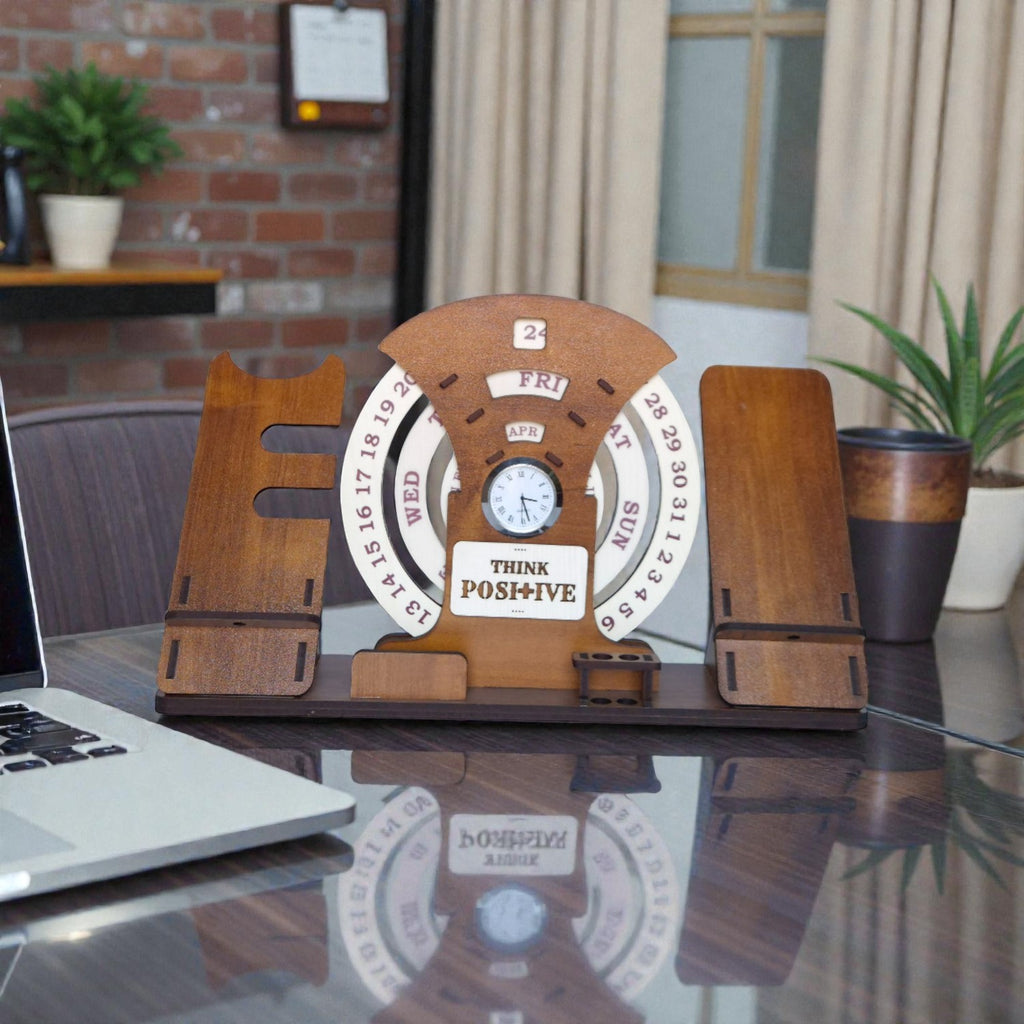 Circular lifetime wooden Desk Calendar with  Clock, Mobile Holder, Pen holders & Visiting Card for Office and home decoration | Desk Organizer for gifitng.
