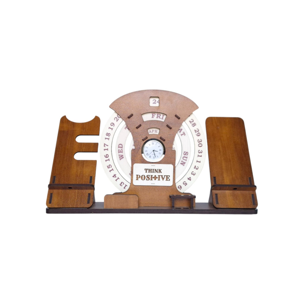 Circular lifetime wooden Desk Calendar with  Clock, Mobile Holder, Pen holders & Visiting Card for Office and home decoration | Desk Organizer for gifitng.