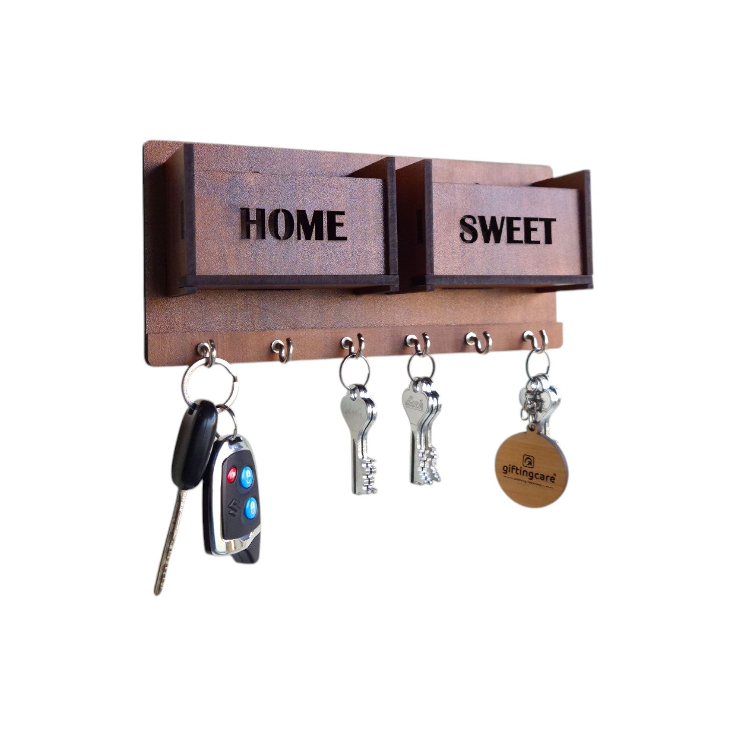Wooden Wall Mounted Key Holders with 2 separate Racks for storage| 6 Hooks | Attractive & Decorative.