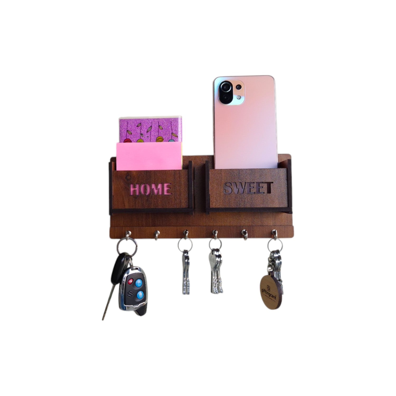 Wooden Wall Mounted Key Holders with 2 separate Racks for storage| 6 Hooks | Attractive & Decorative.