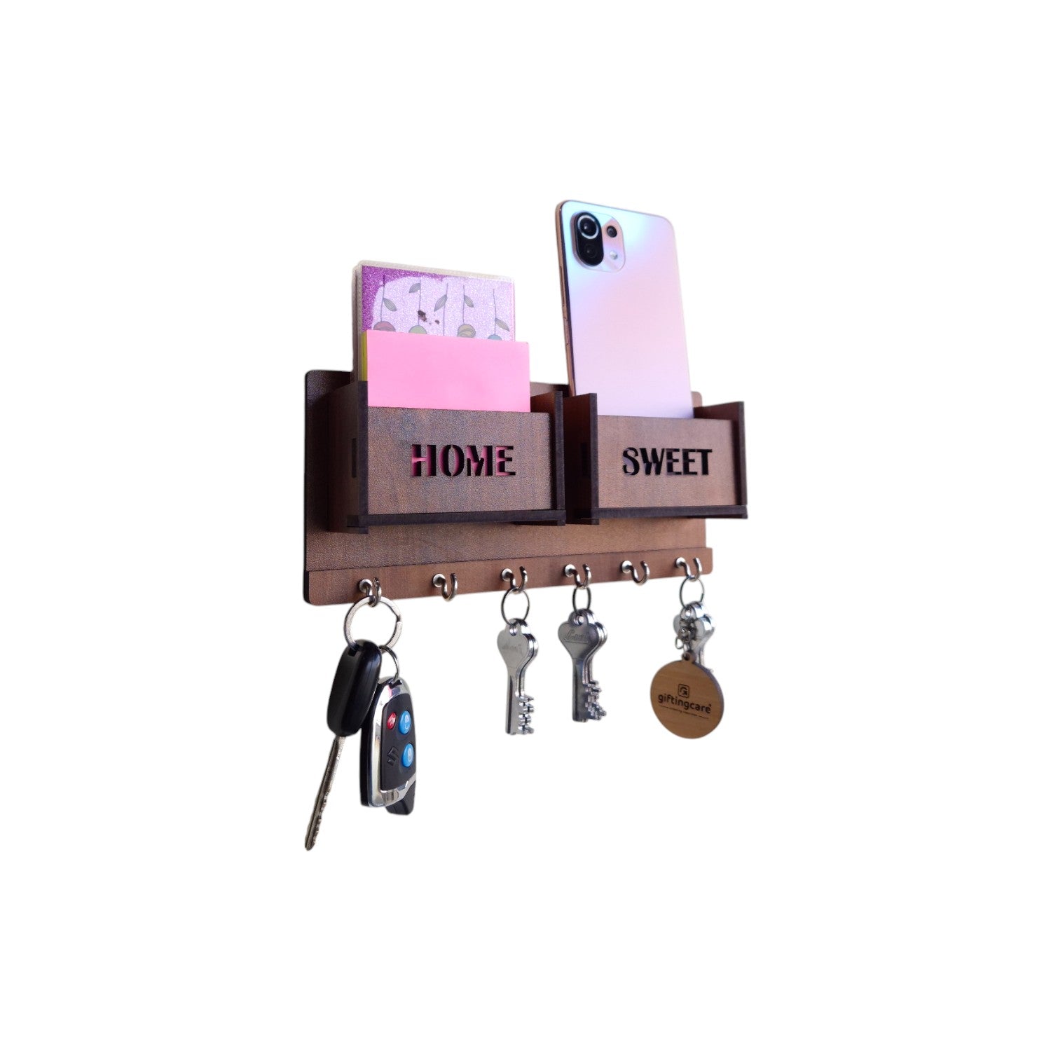 Wooden Wall Mounted Key Holders with 2 separate Racks for storage| 6 Hooks | Attractive & Decorative.