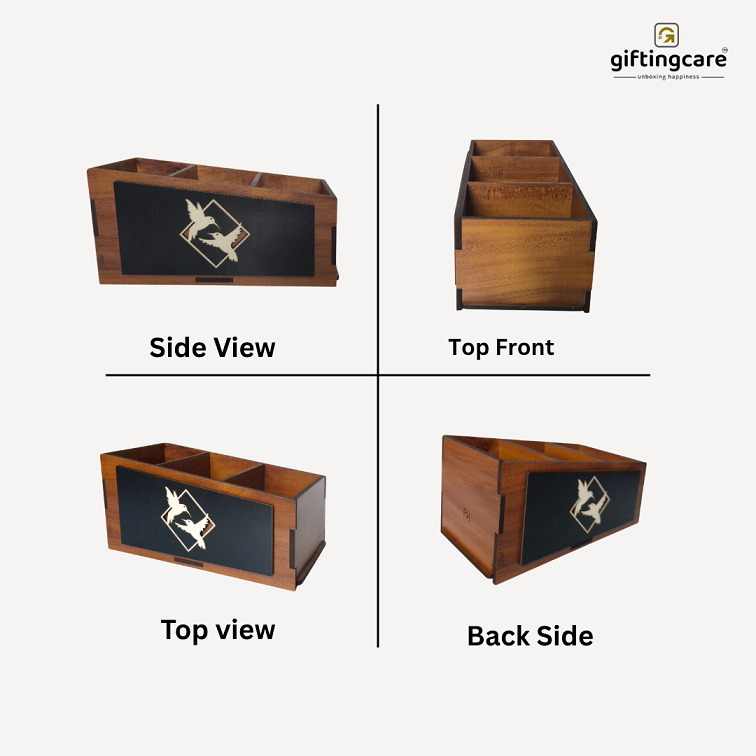 Wooden Remote Stand for Office & Home | 3 Compartment | Stationery Organizer