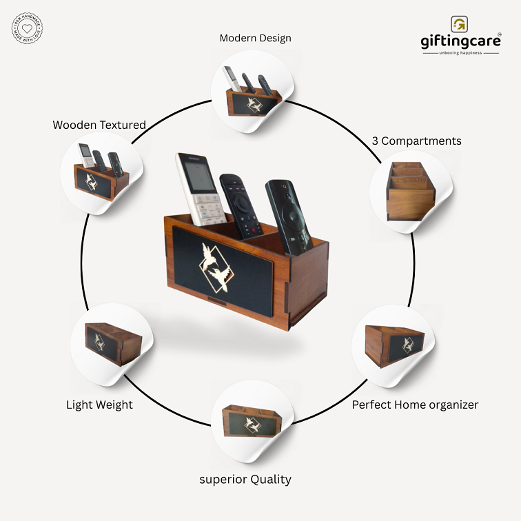 Wooden Remote Stand for Office & Home | 3 Compartment | Stationery Organizer