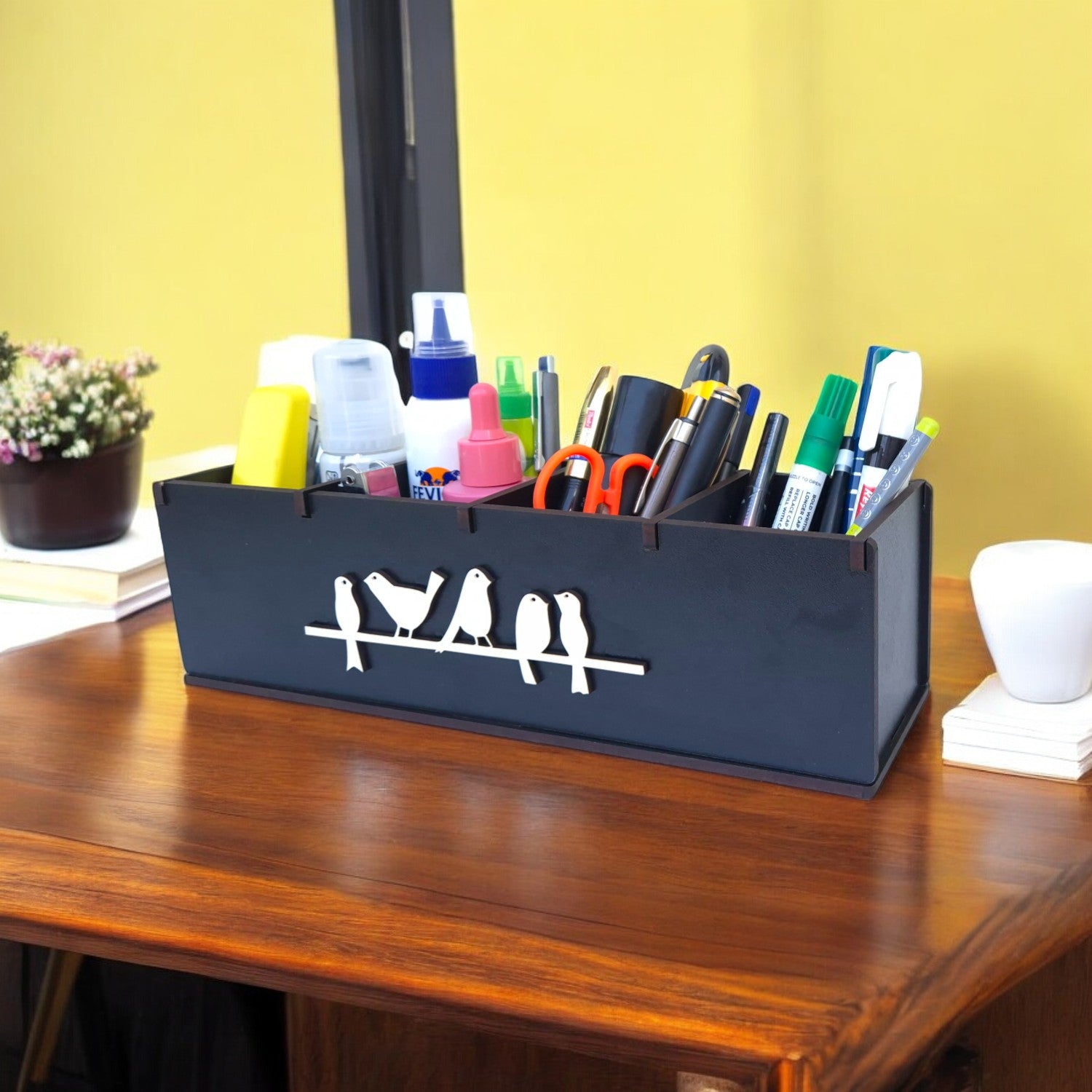 4 Compartments Wooden Desk Organizer, Stationery, Pen, Stand for Office & Home.