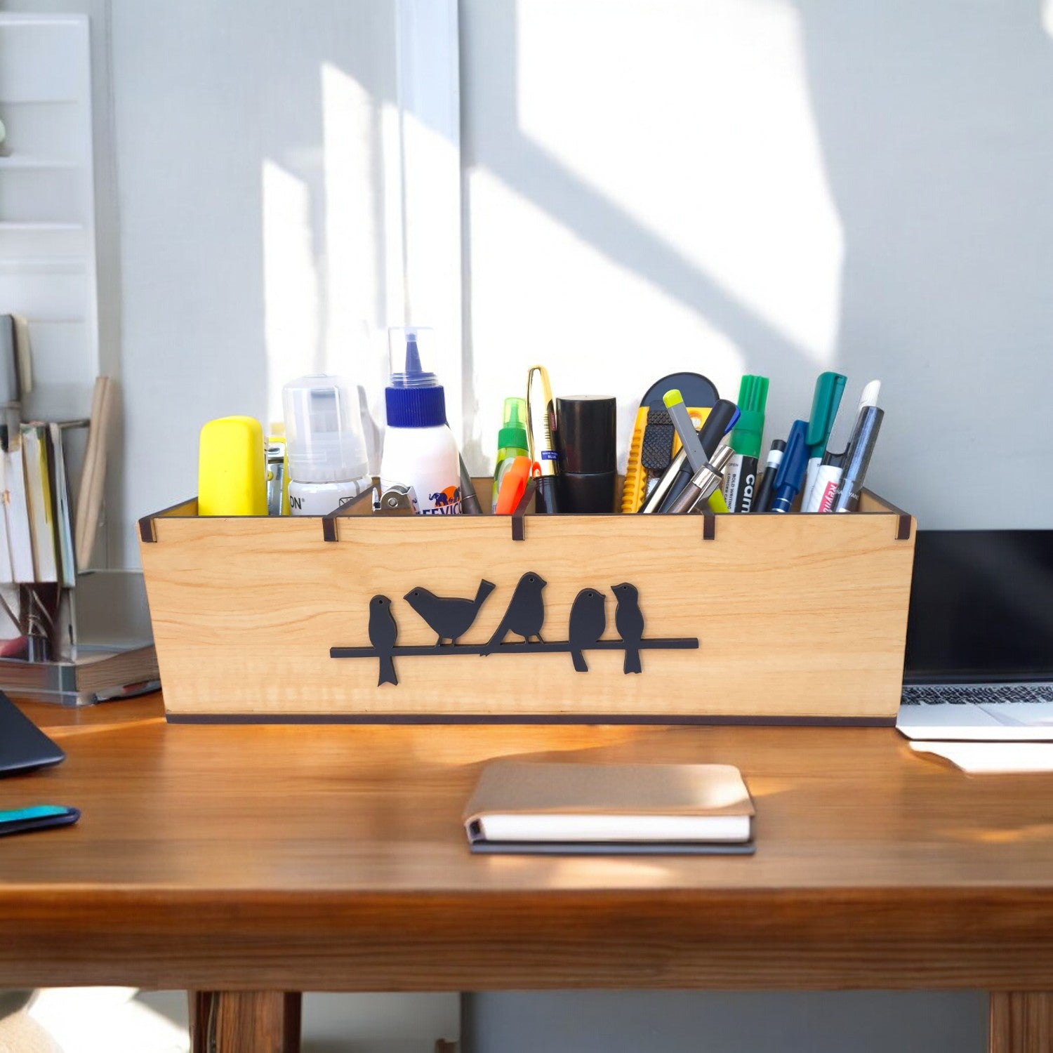 4 Compartments Wooden Desk Organizer, Stationery, Pen, Stand for Office & Home.