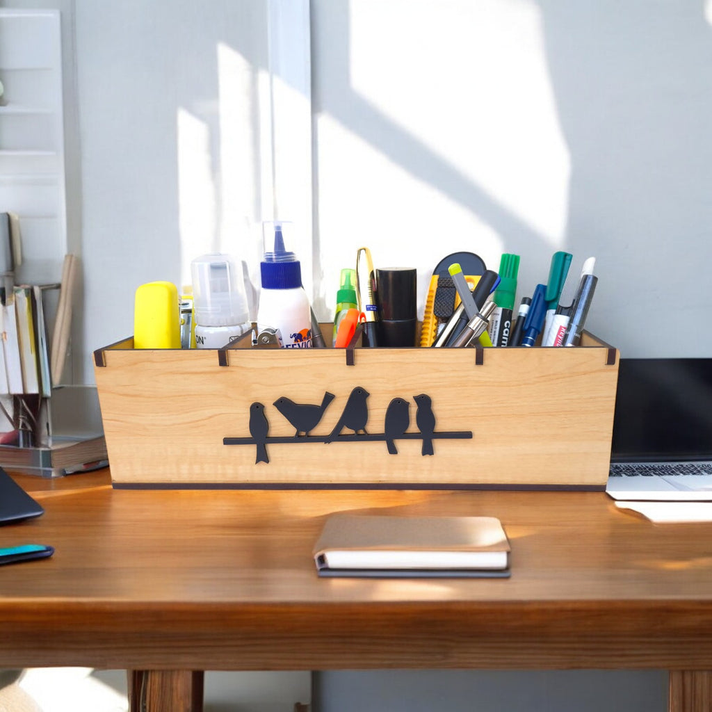 4 Compartments Wooden Desk Organizer, Stationery, Pen, Stand for Office & Home.