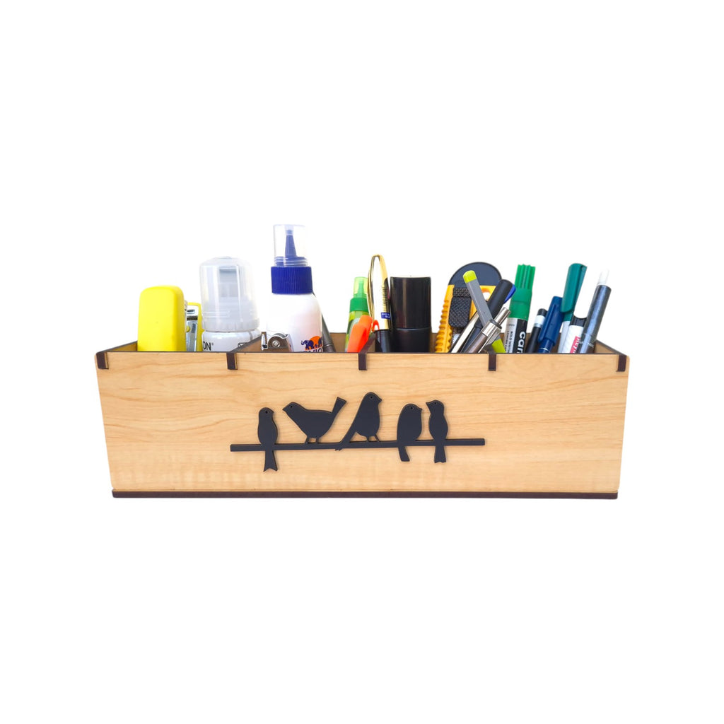 4 Compartments Wooden Desk Organizer, Stationery, Pen, Stand for Office & Home.