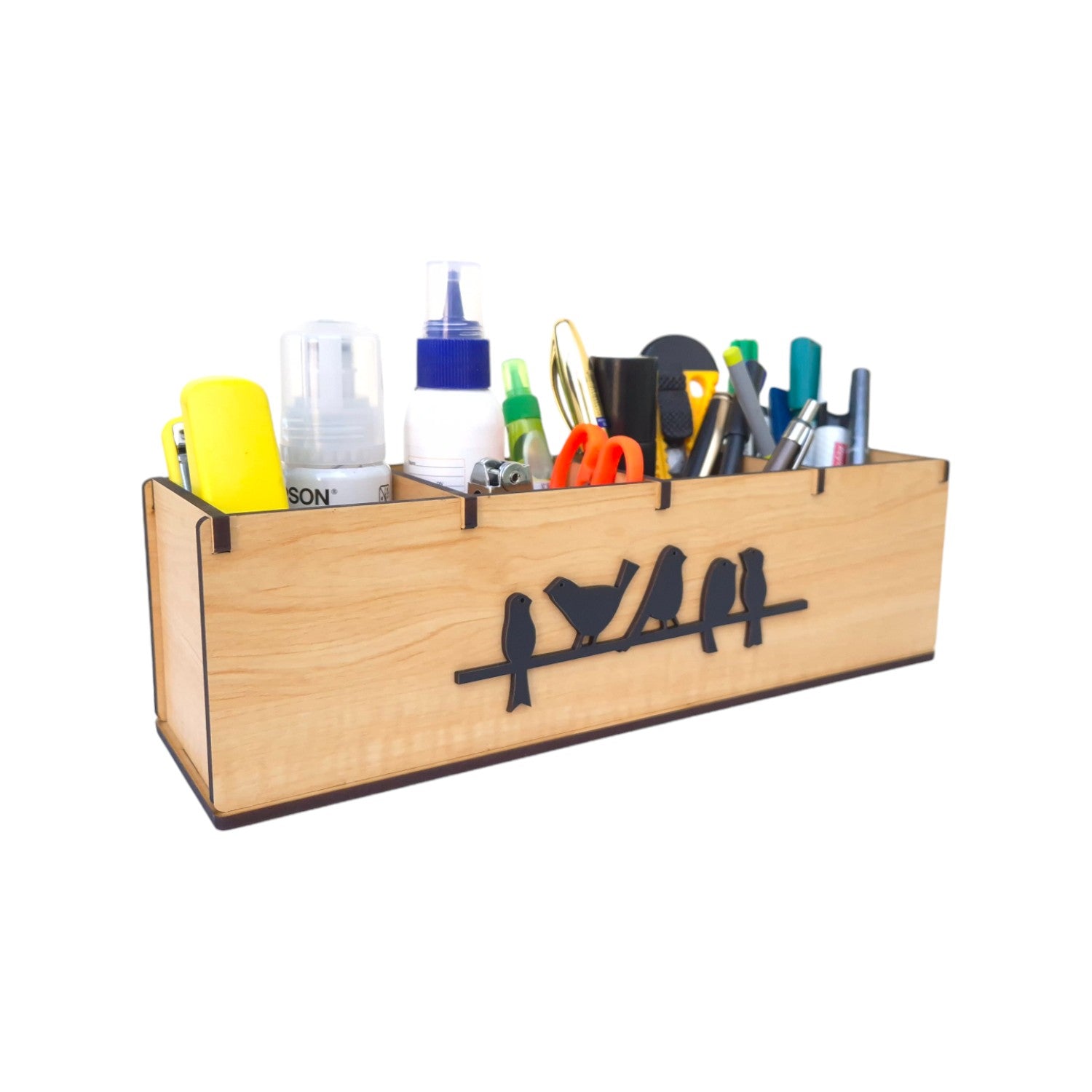 4 Compartments Wooden Desk Organizer, Stationery, Pen, Stand for Office & Home.