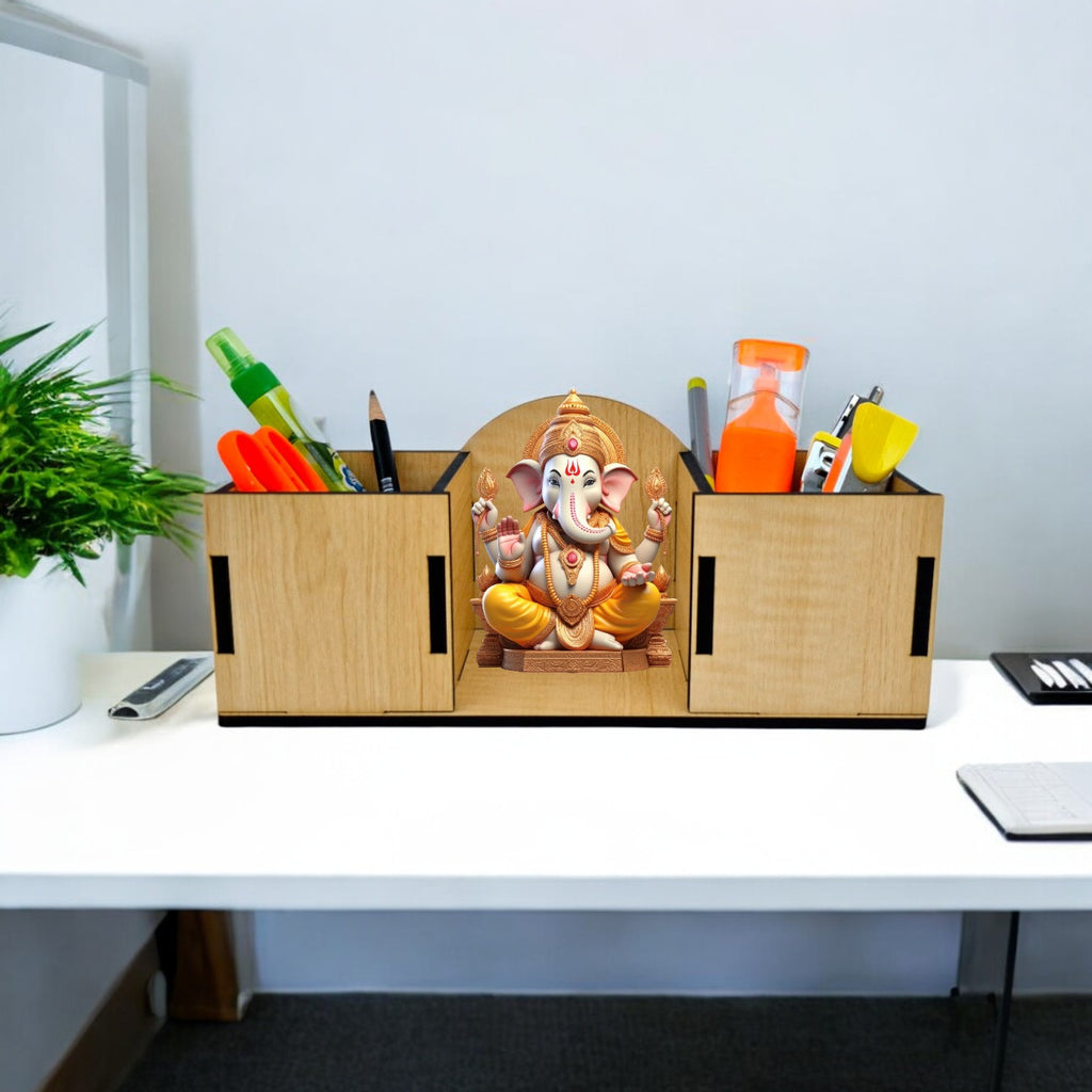 Wooden Desk Organizer with Space for placing Idol, Statue.